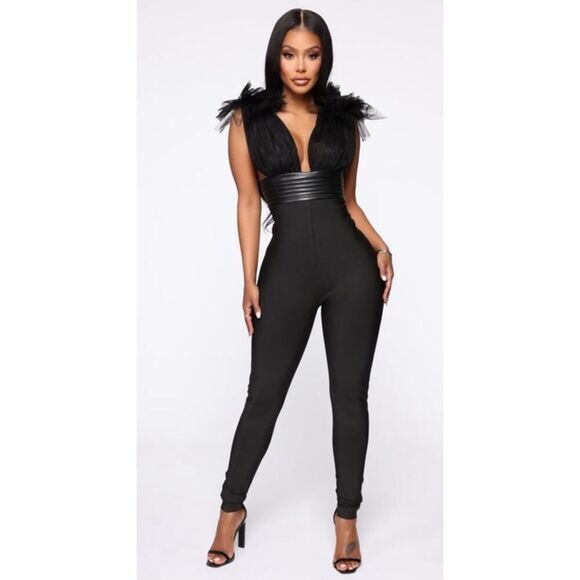 Fashion Nova Black Bandage Jumpsuit Tulle Detail Faux Leather Waistband L - Picture 1 of 12